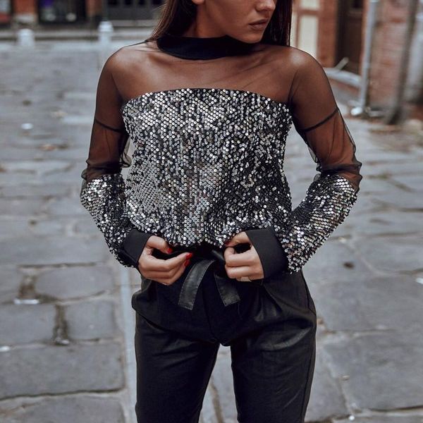 

women's blouses & shirts sequins spring summer women see through mesh blouse long sleeve transparent ol elegant shiny shirt blusas, White