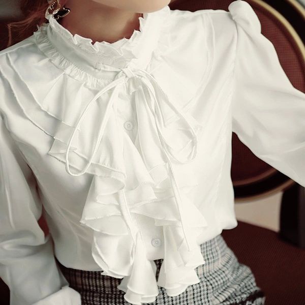 

softu womens shirt blouse ruffles collar lace chiffon ol style white black long sleeve casual loose shirts female blusas