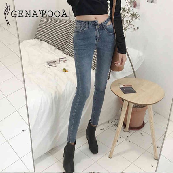 

genayooa skinny woman streetwear high waist ripped jeans for women korean style demin pencil pants 210417, Blue