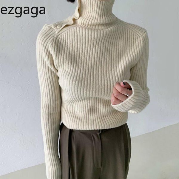 

women's sweaters ezgaga sweater women chic autumn winter fashion turtleneck korean solid button female knitted jumper slim elegant pul, White;black