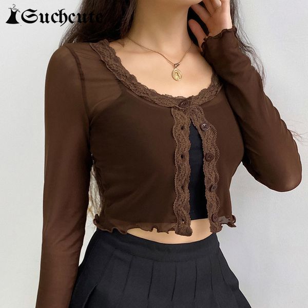 

women's t-shirt vintage brown lace patchwork skinny t-shirts for women see through mesh tee spring streetwear crop mf1y, White