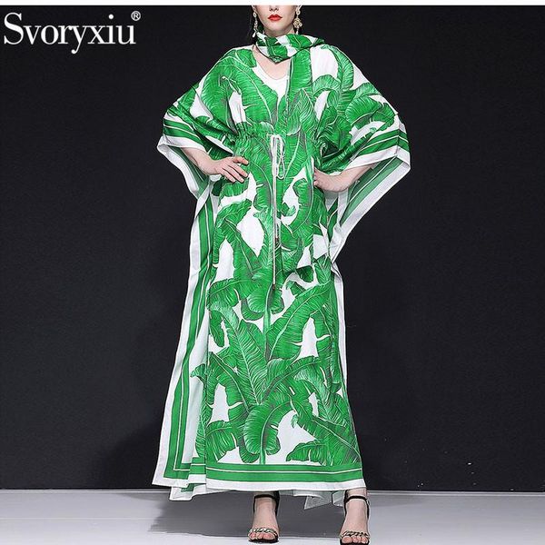

casual dresses svoryxiu women's runway autumn custom plus size loose maxi dress batwing sleeve v neck green banana leaf print long, Black;gray