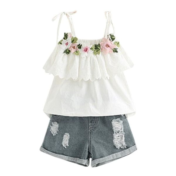 

#vw kids girls clothes summer straps sleeveless + denim shorts suit 2pcs set clothing outfit children for girl sets, White