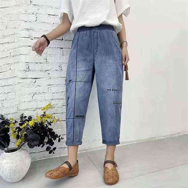 

summer arts style women loose casual elastic waist ankle-length pants cotton denim embroidery harem jeans w337 210512, Blue