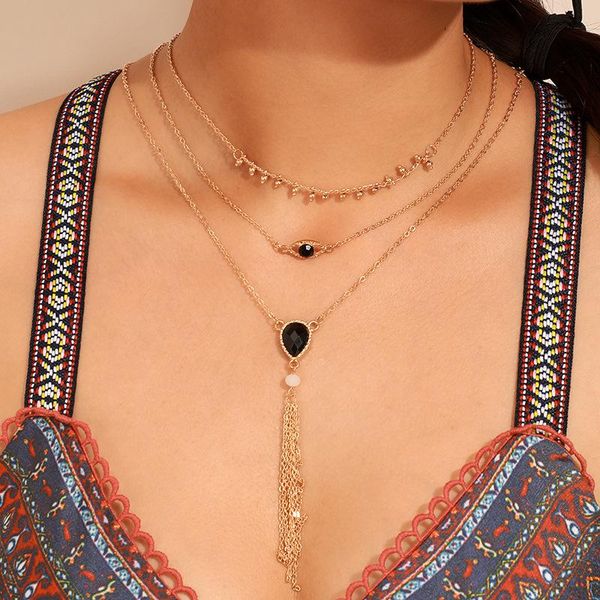 

fashion jewelry black eye large water drop gold bead tassel multilayer sweater chain necklace for women statement chains, Silver