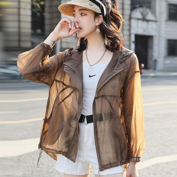 

women's jackets women 2021 summer sun protection jacket female casual loose long sleeve clothing ladies sheer hooded sunscreen coat s16, Black;brown