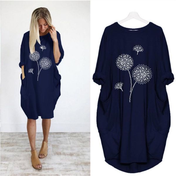 

casual dresses vintage dandelion print midi dress autumn long sleeve o-neck loose pockets lady irregular women vestidos 2021, Black;gray