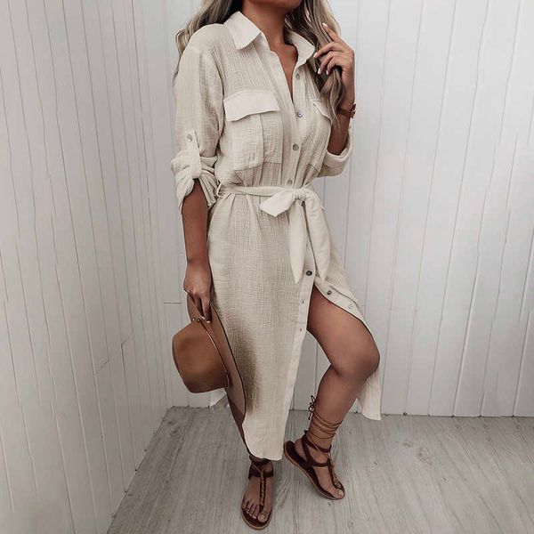 

women fashion casual loose fit midi dress female casual short dresses solid button up lace -up shirt dress 210716, Black;gray