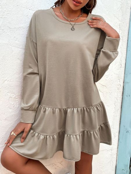 

solid ruffle hem sweatshirt dress i8am#, White;black
