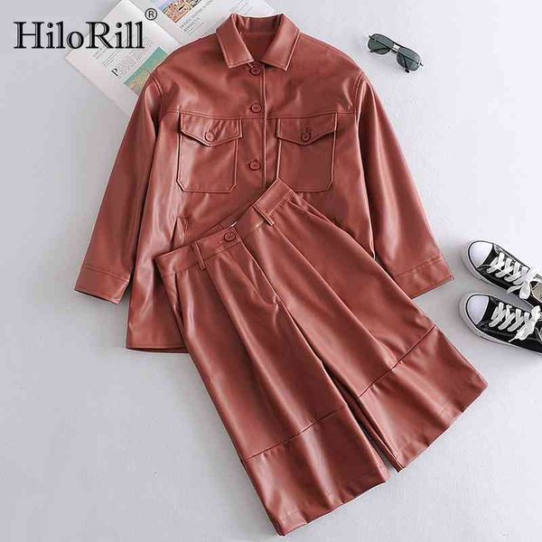 

solid pu leather 2 piece set women long sleeve high street shirt jacket loose straight pleated half pants sets outfits 210508, White