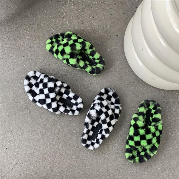 

slippers monmoira mixed colors checkerboard fluffy women 2021 slip on corss-tied platform wedges warm furry slides shoes, Black