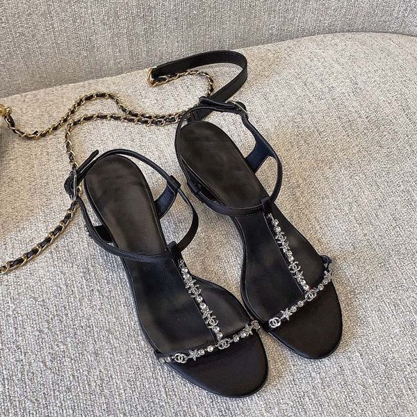 

Luxurys Designers Sandals Women Small Incense Wind Classic Gold Chain Heels Height 6cm Summer Slippers With Rhinestone Decoration, Flip-Flop Shoes Size US 4-10, Black