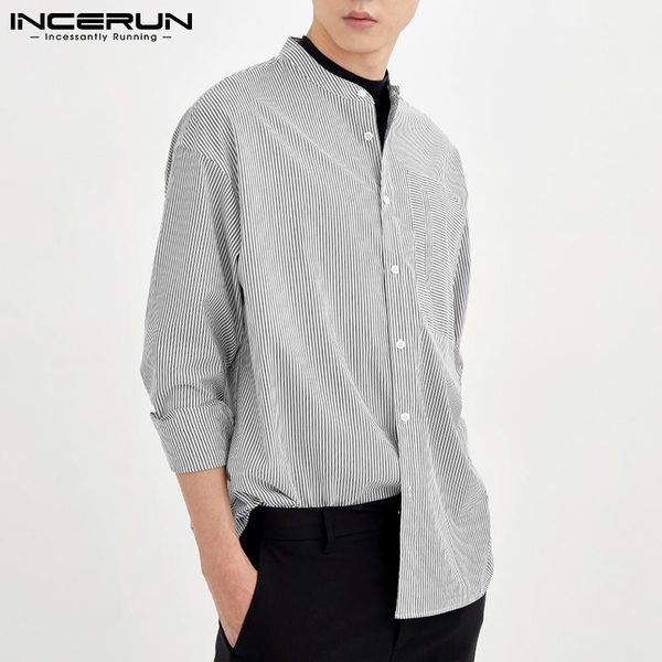 

men's casual shirts 2021 men striped shirt stand collar long sleeve button streetwear harajuku clothing pockets leisure camisas incerun, White;black