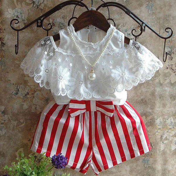 

girls set summer style childrenclothes short sleeves + red stripe shorts 2pcs kid 210515, White