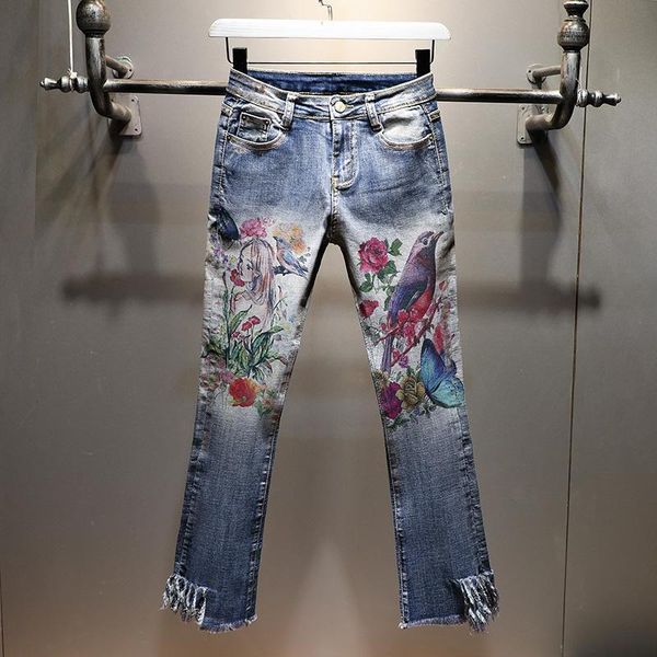 

women's jeans women 2021 autumn winter embroidery female high waist flare pants for ladies vintage casual slim trousers y481, Blue