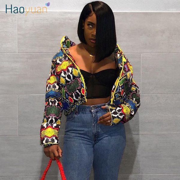 

women's down & parkas haoyuan colorful print winter jacket women festival clothing bubble coat warm thick parka outerwear crop puffer, Black