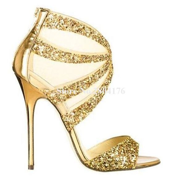 

brand design bling open peep toe sequined stiletto thin heel mesh sandals gold black ankle wrap zipper-up high sandal