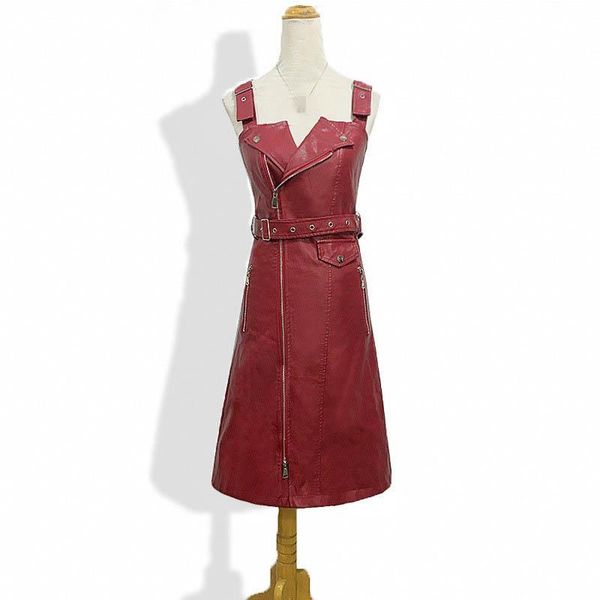 

casual dresses women autumn midi long slim fit pu leather strap dress streetwear zipper belt biker punk high waist lady suspenders, Black;gray