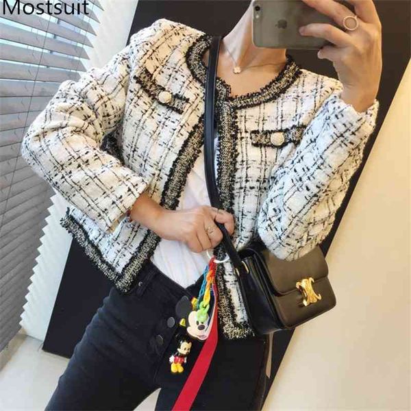 

korean vintage elegant tweed coats jackets women autumn winter long sleeve o-neck fashion ladies 210514, Black;brown