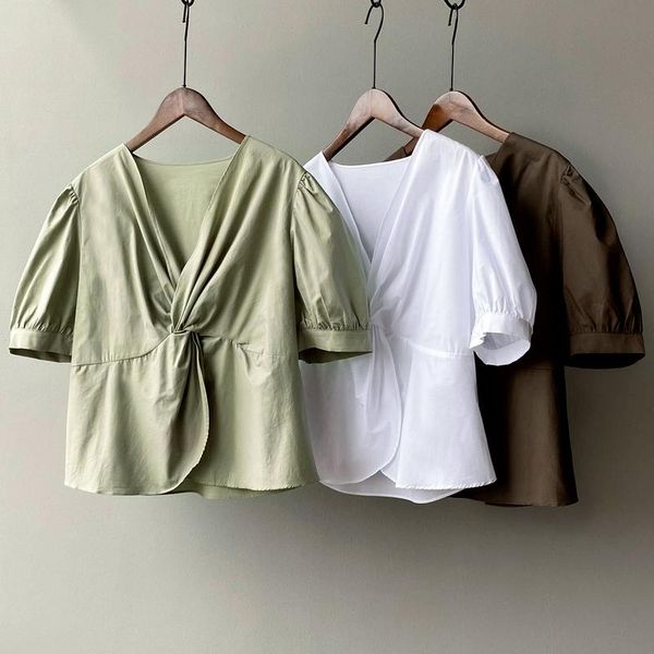 

women's blouses & shirts summer chic pleated design women blouse casual loose puff short sleeve 2021 korean fashion solid v neck, White