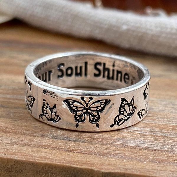 

cluster rings creative aesthetic vintage letter carved butterfly for women girl silver color decorative handmade decor ring jewelry, Golden;silver
