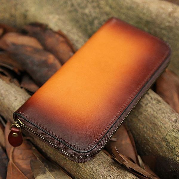 

wallets women men genuine leather panelled bag purses long clutch vegetable tanned zipper handmade wallet gift1, Red;black