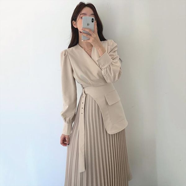 

[ewq] spring slim casual women dresses v neck long sleeve minimalist patchwork pleated hem a line suit dress with belt, Black;gray