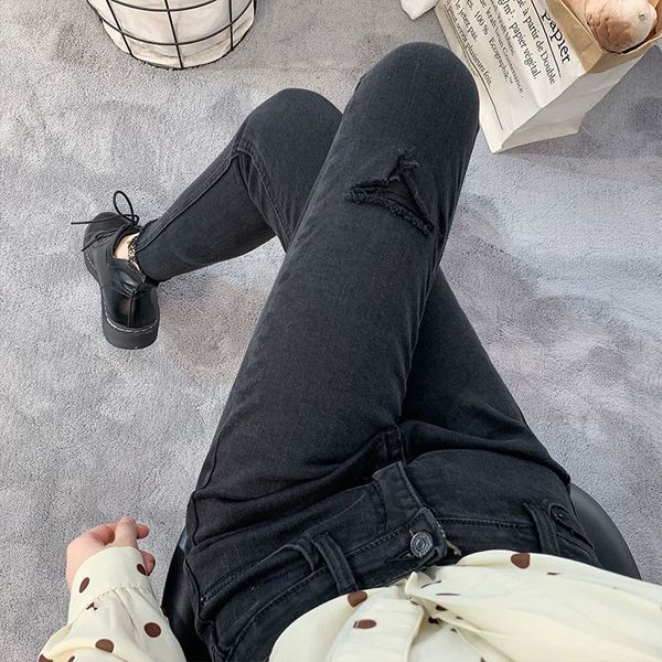 

kog618 black ash add/wool patch false hole black jeans since show waist joker feet pants han edition nine minutes of pants, Blue