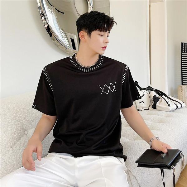 

men's t-shirts 2021 fashion streetwear summer embroidery short-sleeved t-shirt male korean casual loose o-neck solid color black white, White;black