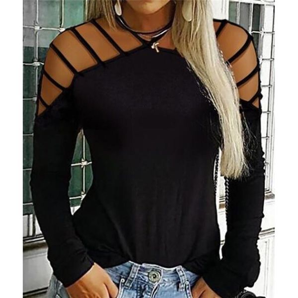 

fashion autumn womens t-shirts casual choker neck solid color loose cold shoulder long sleeve women's t-shirt, White