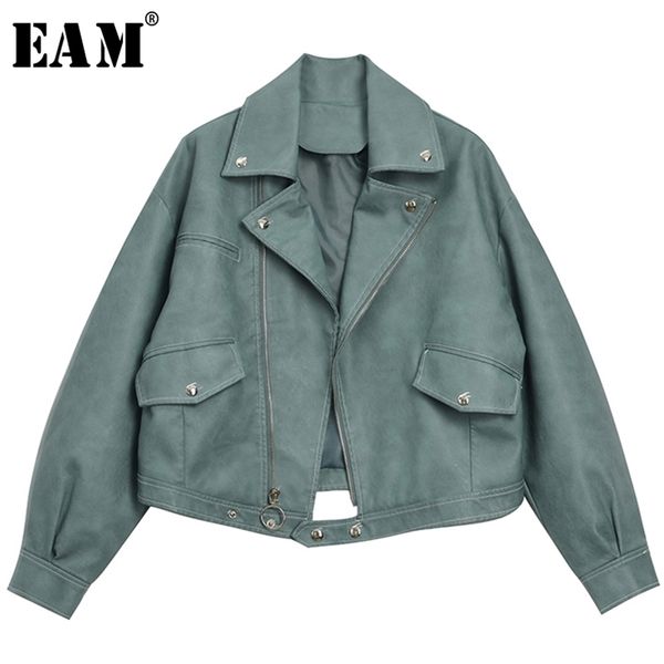 

[eam] loose fit green pu leather split joint short jacket lapel long sleeve women coat fashion spring 1y643 211109, Black;brown
