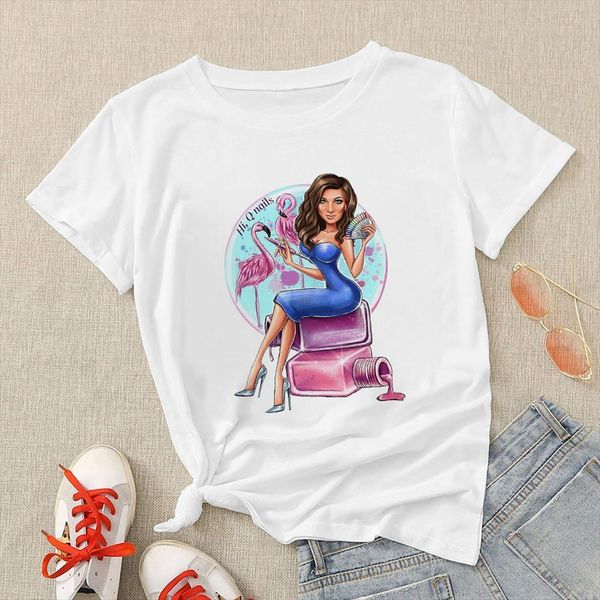 

90s nail polish beauty print women t shirts series clothes oversized with vogue young girls ladies casual tee, White