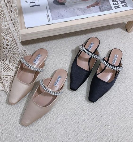 

women's sandals 2021 spring satin surface pearl decorative flat slippers with small square head half, Black