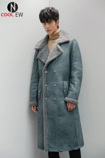

men's leather & faux autumn winter shearling australia wool long coat men brand fashion double breasted loose real fur cashmere overcoa, Black