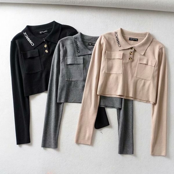 

t shirt pocket lapel knitted high end fall 2021 pullover long sleeve slim fit women's, White