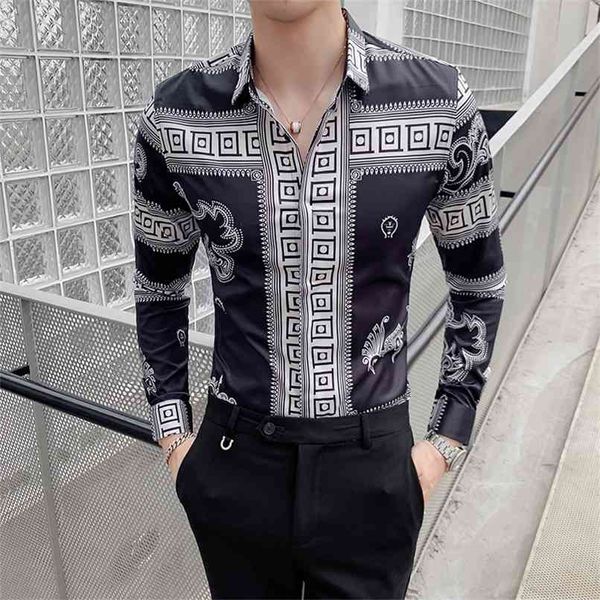 Retro Drachendruck Männer Hemd Langarmhemden Mode Lässig Slim Fit Kleid Nachtclub Party Soziale Streetwear Camisa 210809