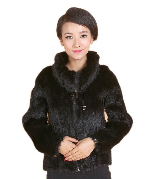 

female fur coat mink braided jacket high collar lapel women's & faux, Black