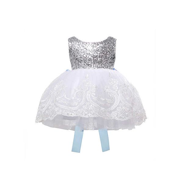 Xmas Festa Nova Moda Infantil Bebés Meninas Sem Mangas Bolas Floral Impressão Branco Renda Bola Vestido Joelho-Comprimento Princesa Vestido Sundress Q0716