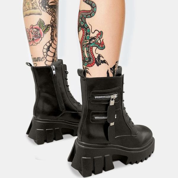 

boots brand high heel fashion gothic street style cool leisure chunky heels tire sole winter women shoes motorcycles, Black