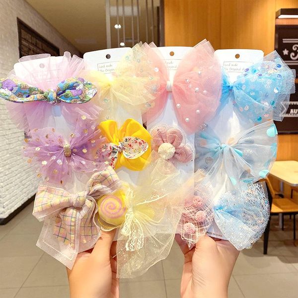 

hair accessories 3pcs kids sweet headband girls cute colorful chiffon bow pins ornament lace clips barrettes fashion, Slivery;white