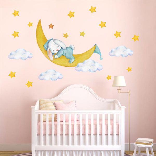 

wall stickers cartoon rabbits sleeping on the moon and stars for kids room baby decoration decals interior