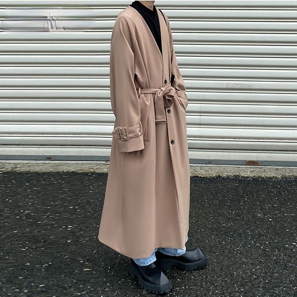 

men's bandage v collar long trench coat 2021 new autumn winter loose khaki black single breasted windbreaker with belt, Tan;black