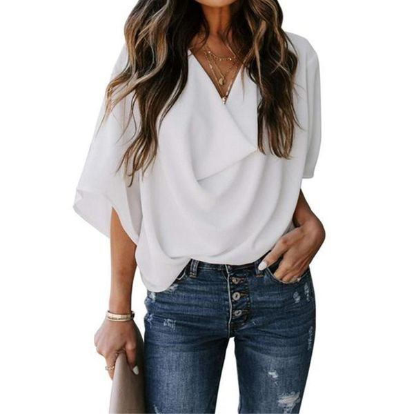 

women's blouses & shirts fashion elegant solid chiffon women summer half sleeve v-neck casual shirt office, White