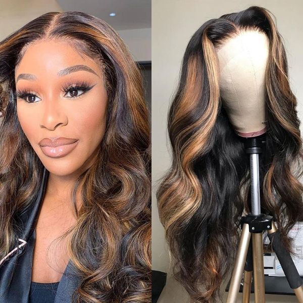 

highlight wig human hair ombre lace front brazilian wigs for black women p4/27 honey blonde body wave, Black;brown