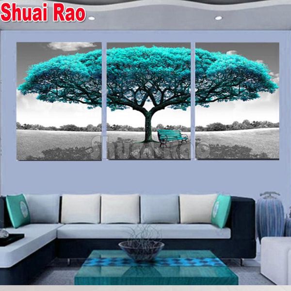 

diamond painting 3 pieces blue big tree triptych embroidery mosaic set chair pictures full square/round drill,