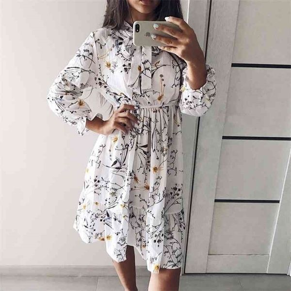 

autumn women dress for female long sleeve chiffon shirt a-line midi winter white bow floral vestidos vintage 210701, Black;gray