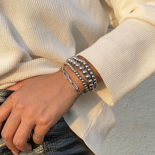 

link, chain kpop silver color beaded punk bracelet for women elastic multilayer vintage hip hop jewelry, Black