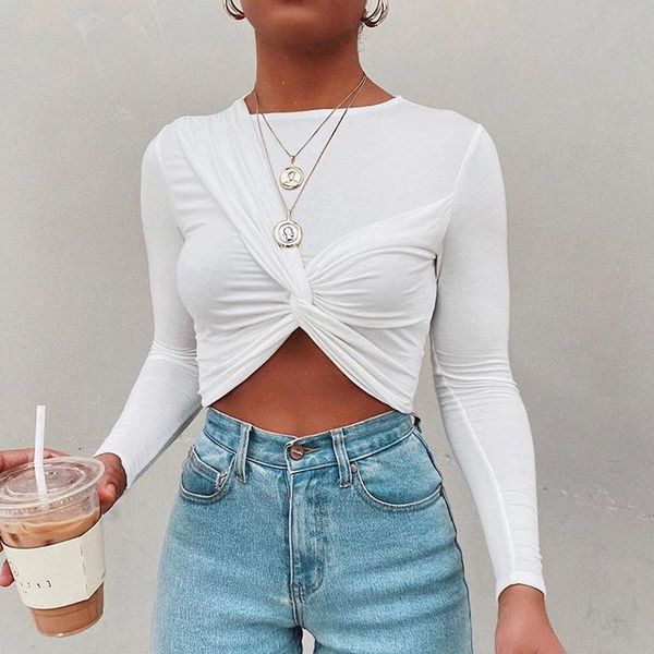 

women's t-shirt retro autumn fashion casual long sleeve solid color slim fit o neck skinny pullover jumper t shirt, White