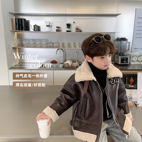

jackets children's winter 2021 thickened leather coat korean version boys' warm fur one piece kids coats, Blue;gray