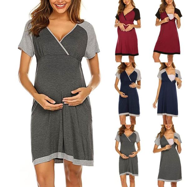 

maternity dresses pregnant women dress splicing short sleeve breast-feeding pregnancy clothing nightdress fashion nursing pajamas, White
